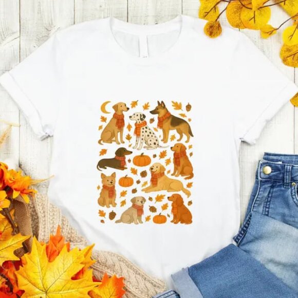 Fall Dogs Leaves Pumpkin Tshirt, Autumn Shirt With Cute Dogs, Dog Lover Shirt - Picture 1 of 4